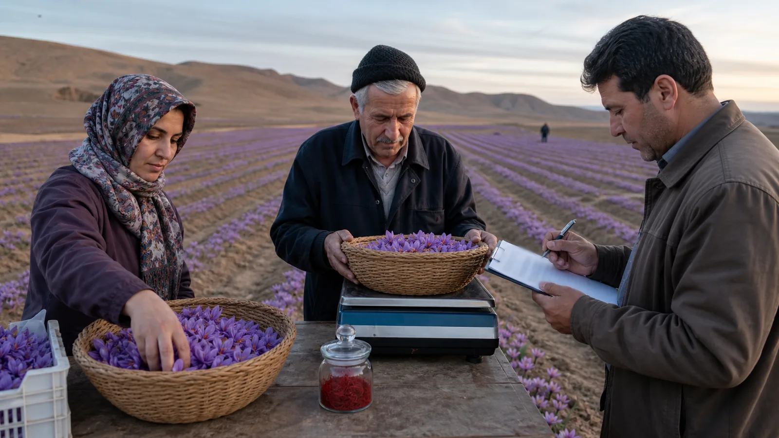 Iranian growers weighing fresh saffron flowers during an upland Khorasan harvest