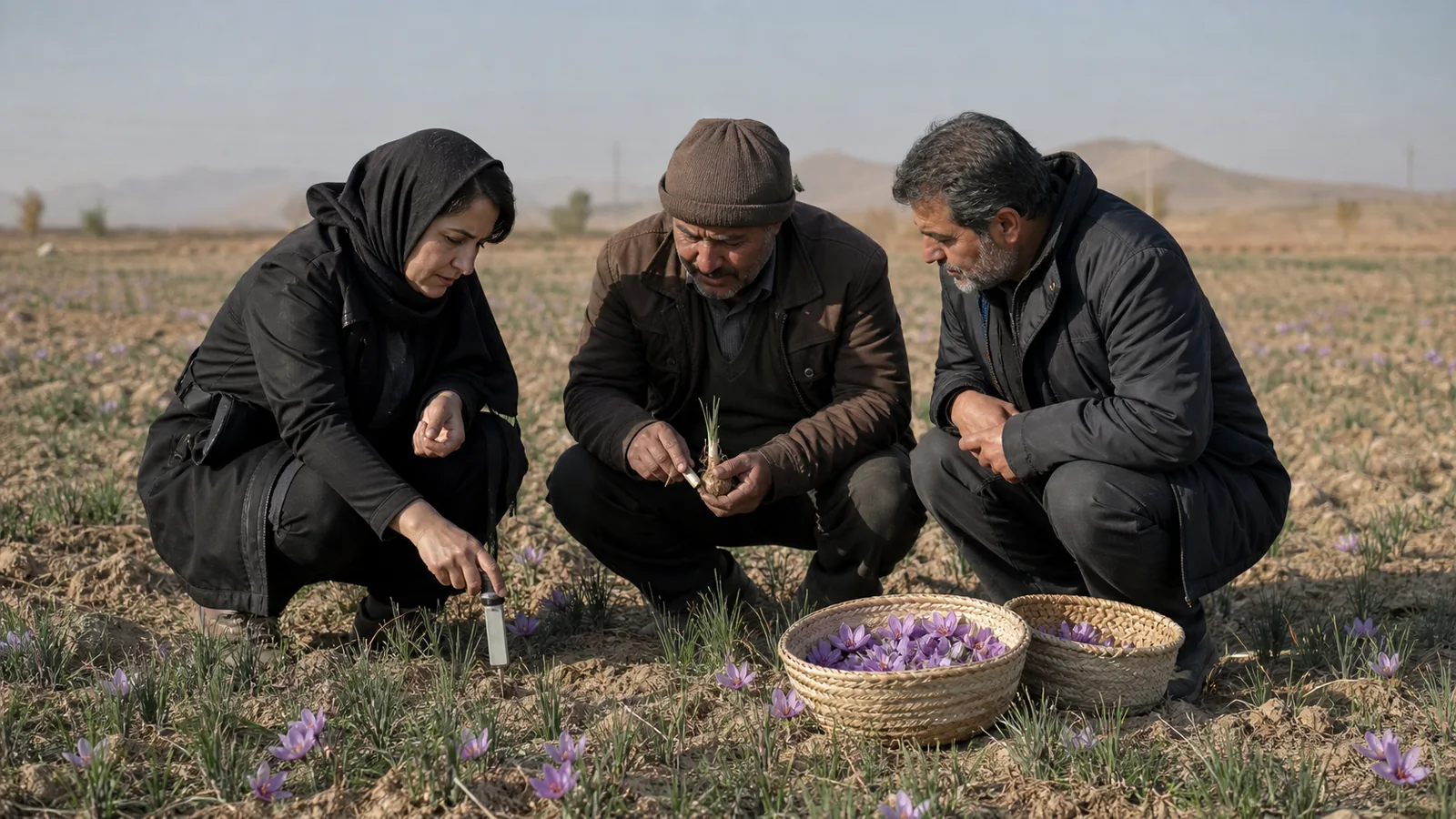 Agricultural advisers and growers examining a drought-affected saffron field in Rashtkhar