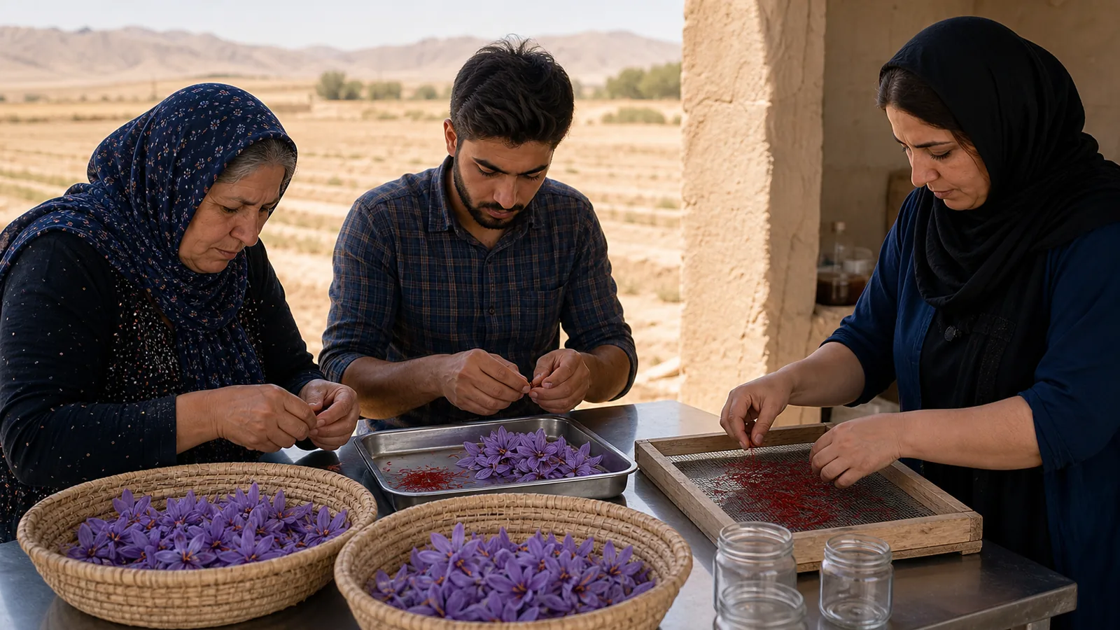 Bahabad growers preparing freshly harvested saffron flowers for careful post-harvest processing
