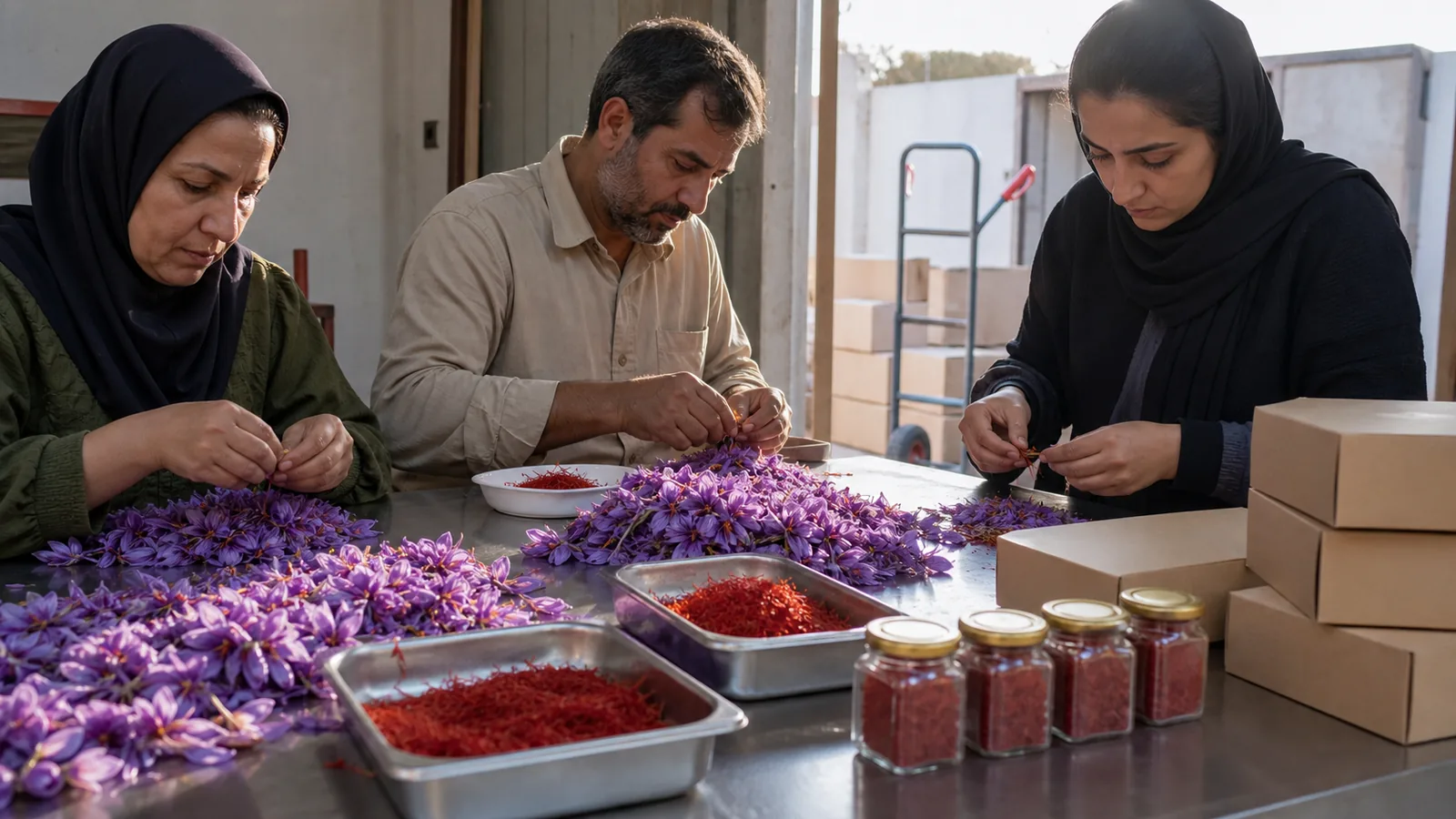 Workers separating saffron flowers while prepared export packages wait nearby