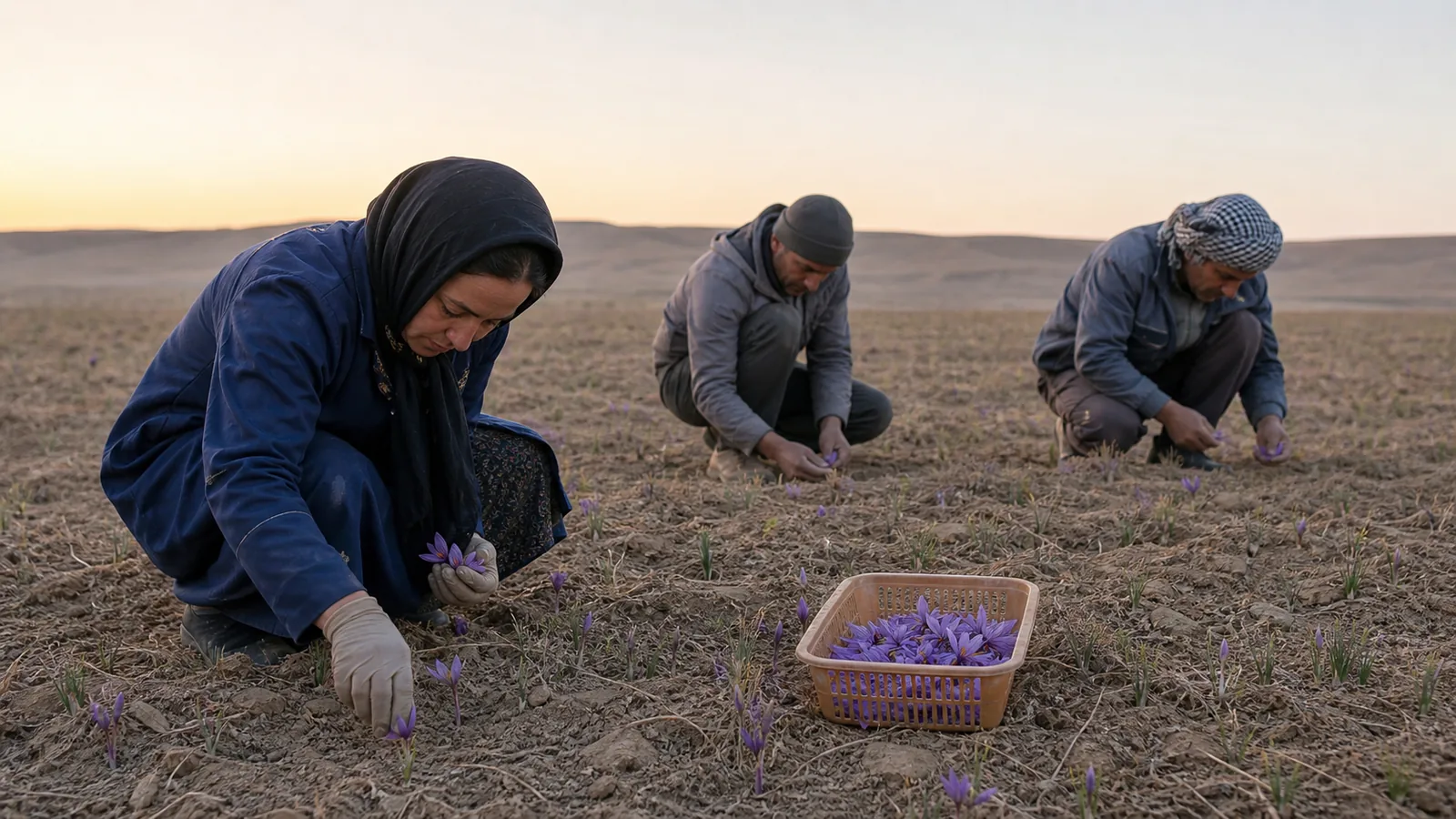 Growers completing the late-season saffron harvest near Torbat-e Heydariyeh at dawn