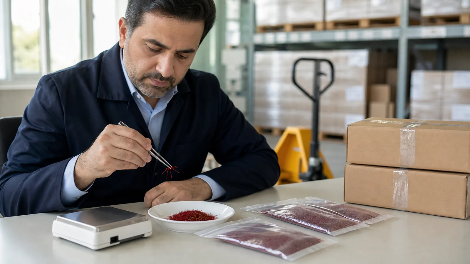Inspector checking Iranian saffron samples beside sealed export packages