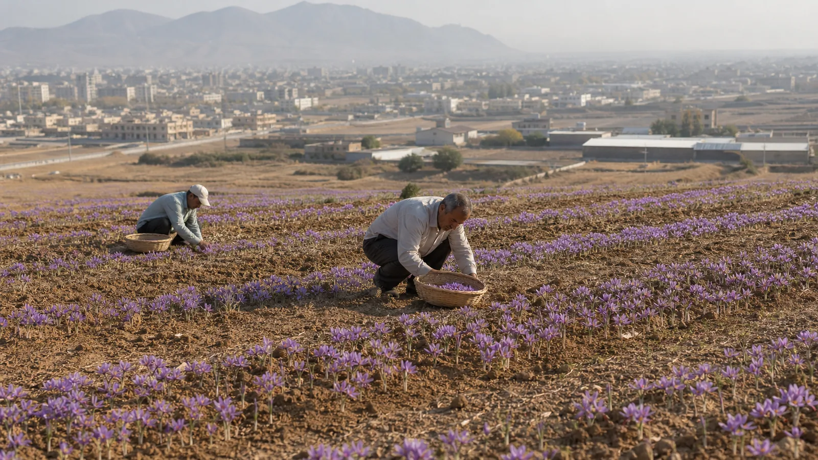 Saffron growers working in fields on the edge of Torbat-e Heydarieh