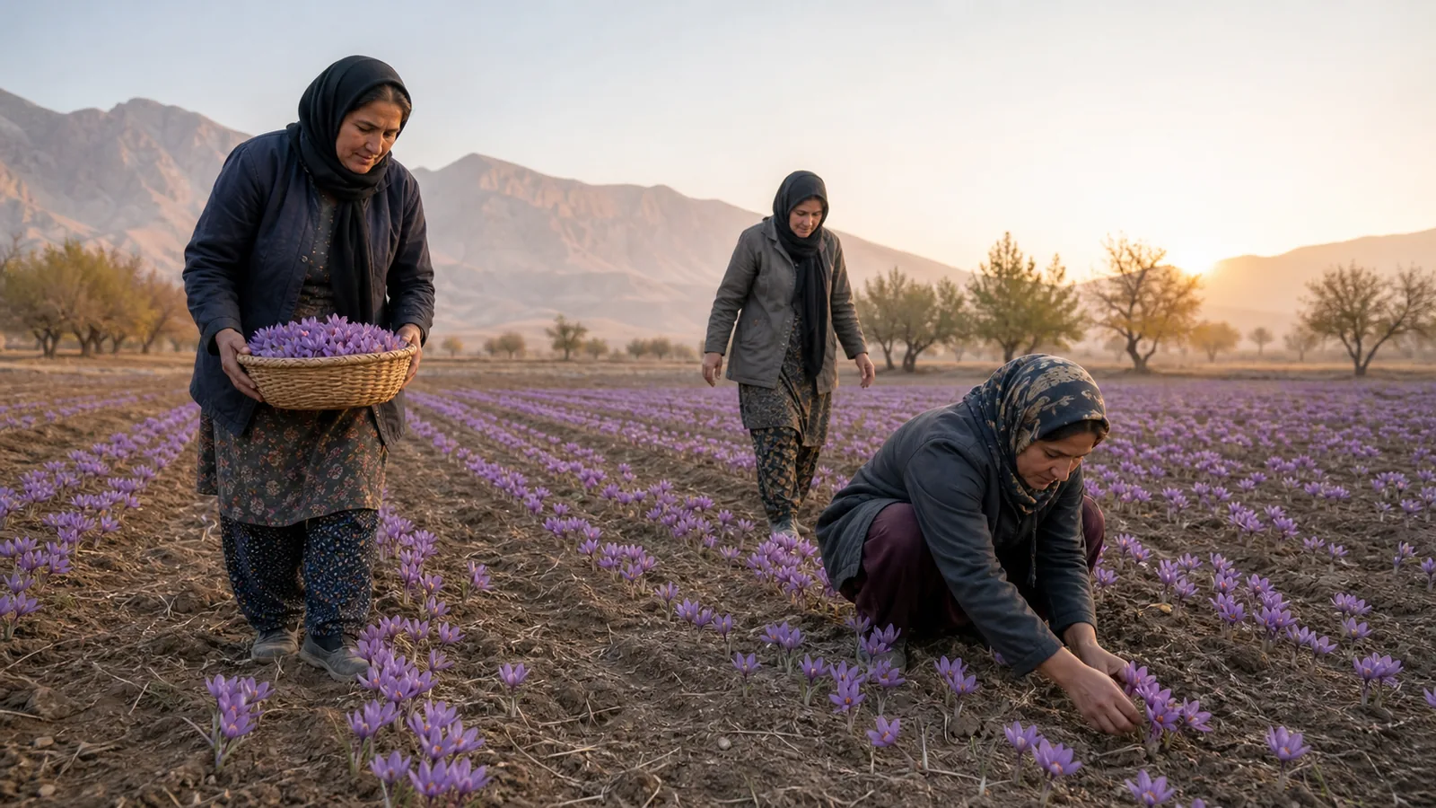 Rural women collecting saffron flowers in a Natanz foothill field at sunrise