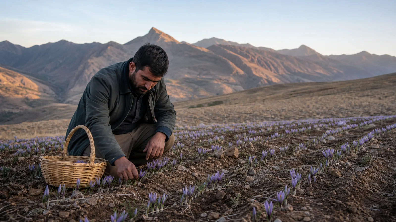 Farmer inspecting saffron rows in the highlands of Kurdistan province