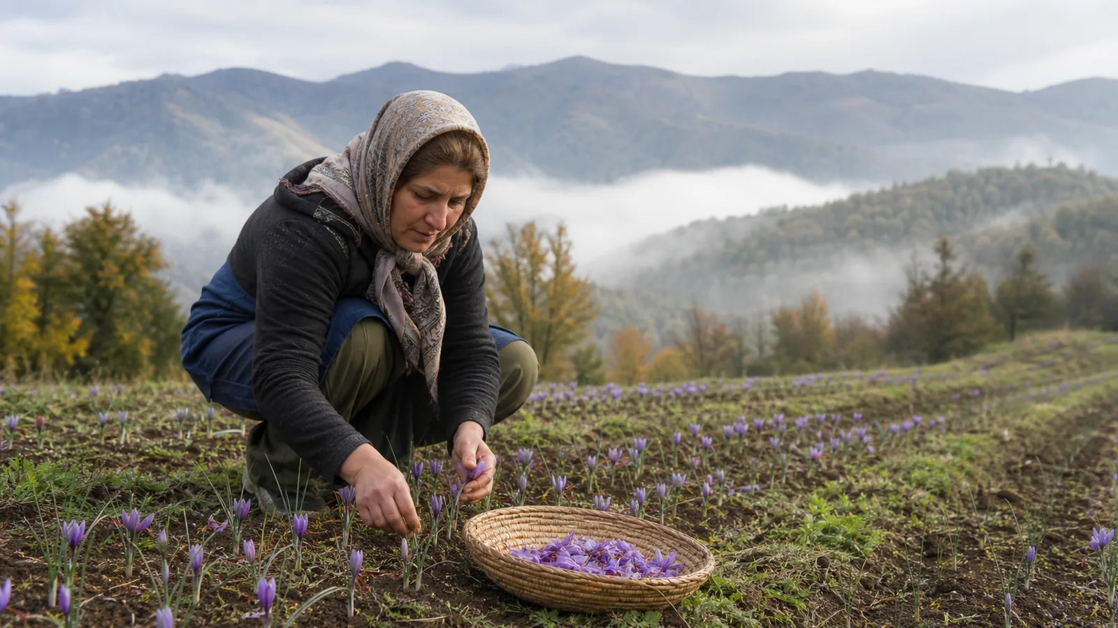 Farmer harvesting saffron in the misty uplands of Siahkal in Gilan
