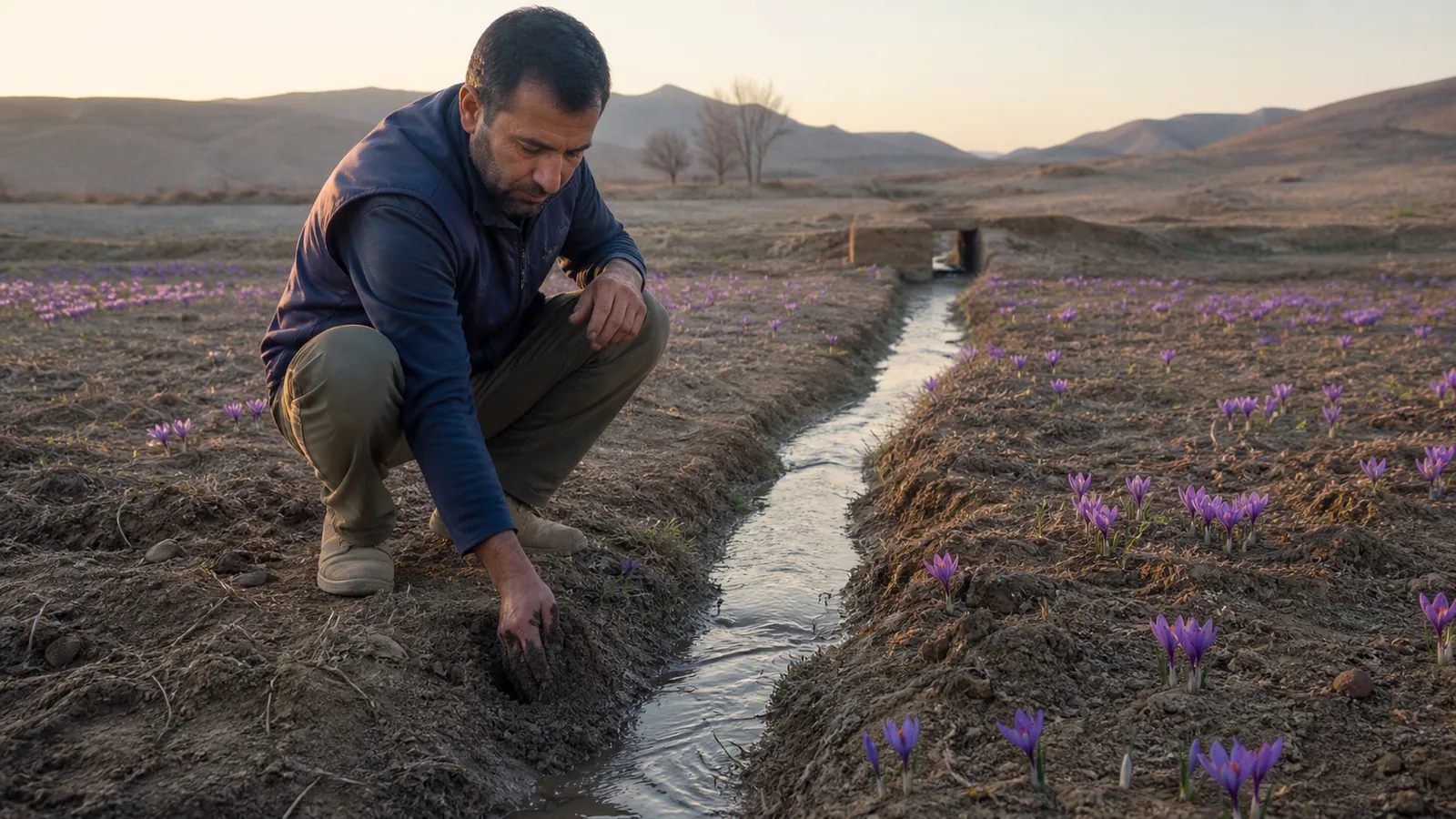 Khorasan farmer checking irrigation beside saffron rows in a dry landscape