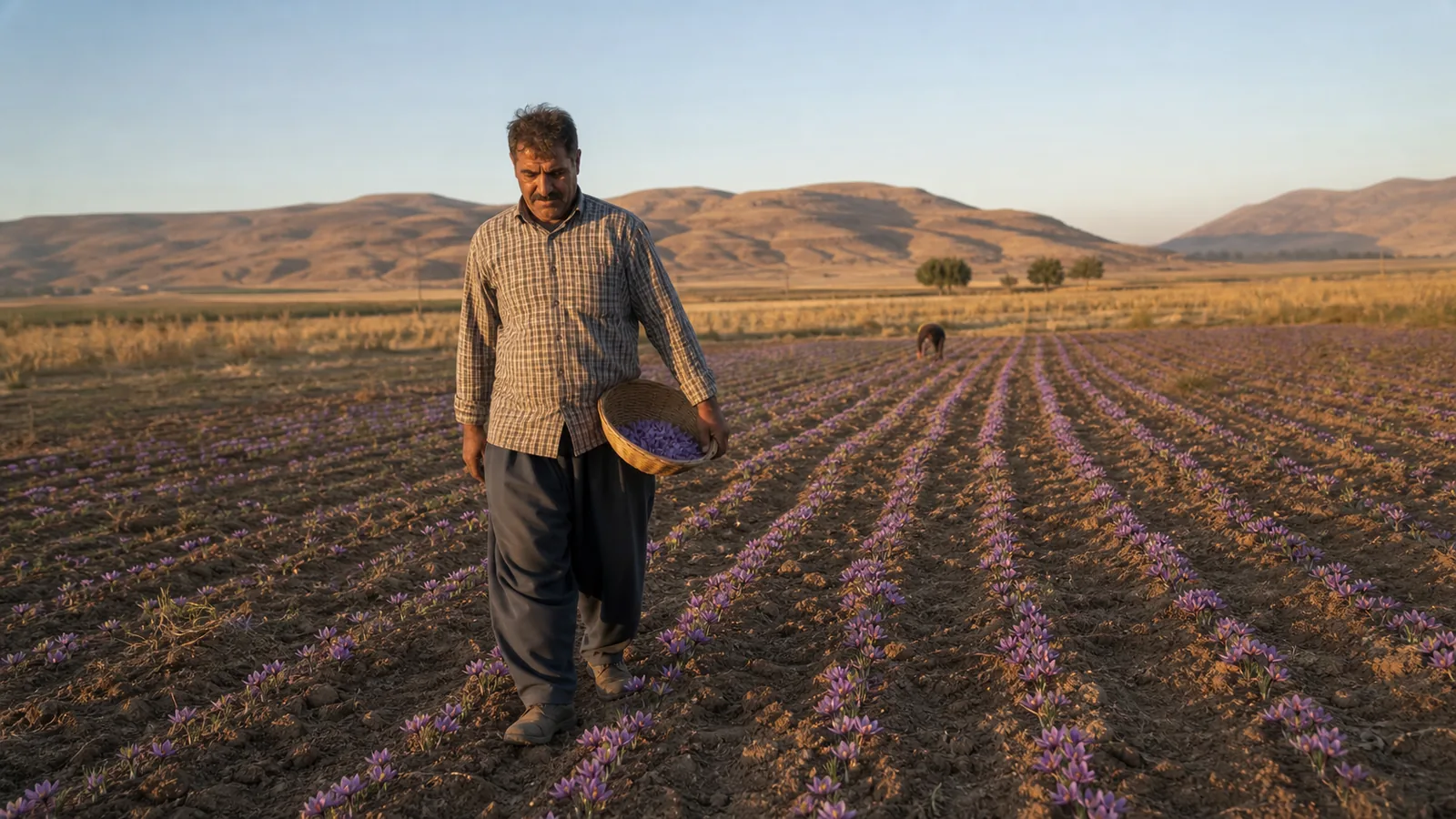 Farmer carrying harvested saffron flowers through a Khorasan Razavi field