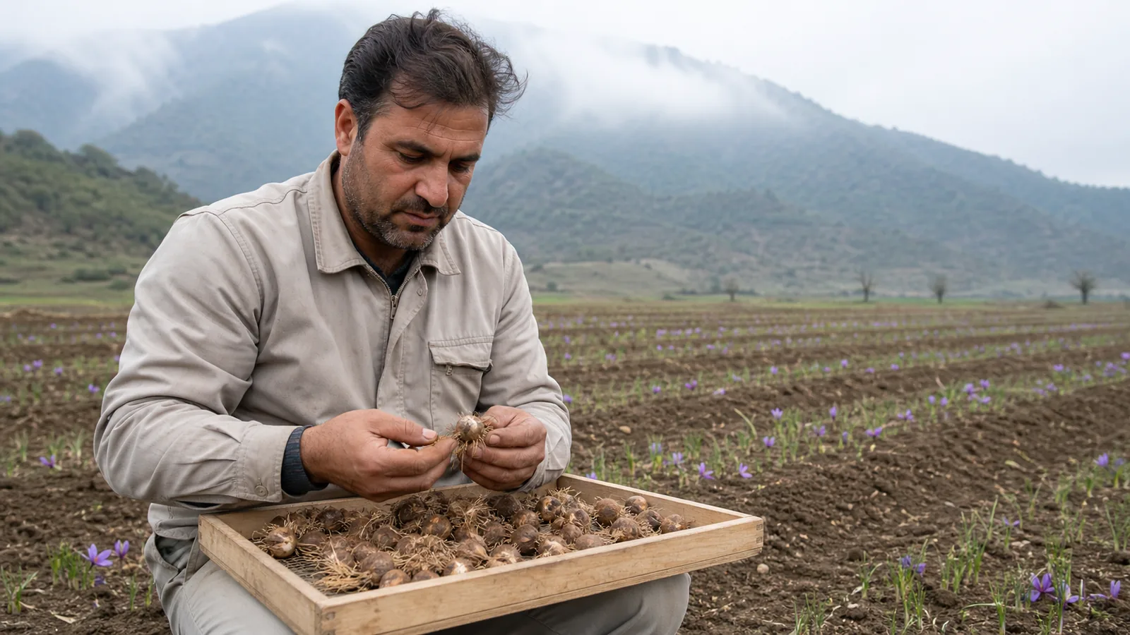 Worker inspecting healthy saffron corms beside young rows in Golestan