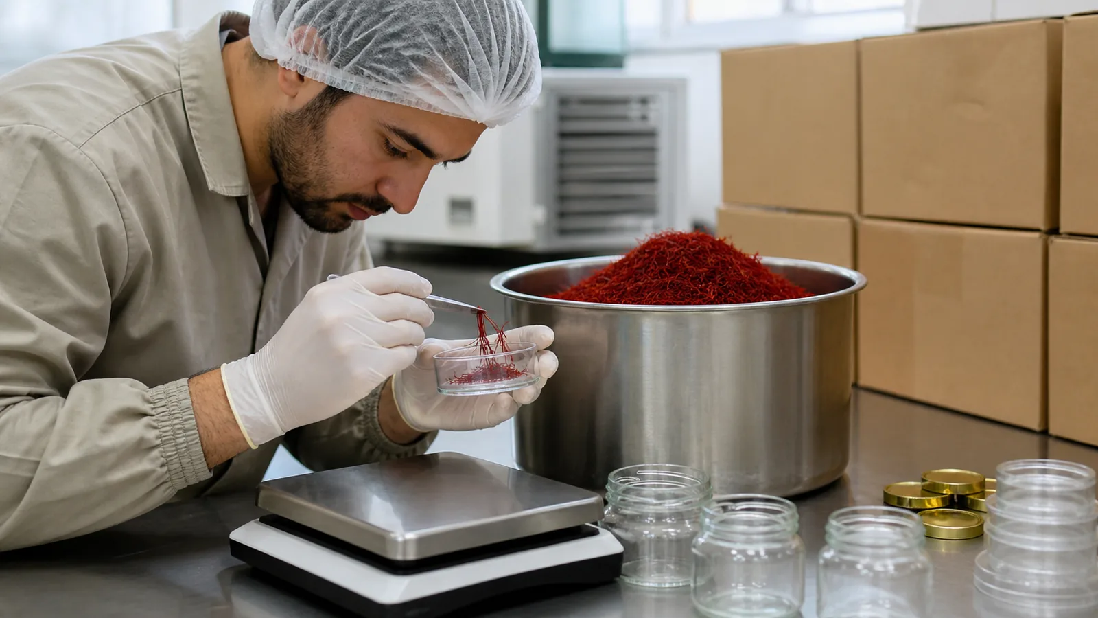 Quality technician sampling bulk saffron before export packing