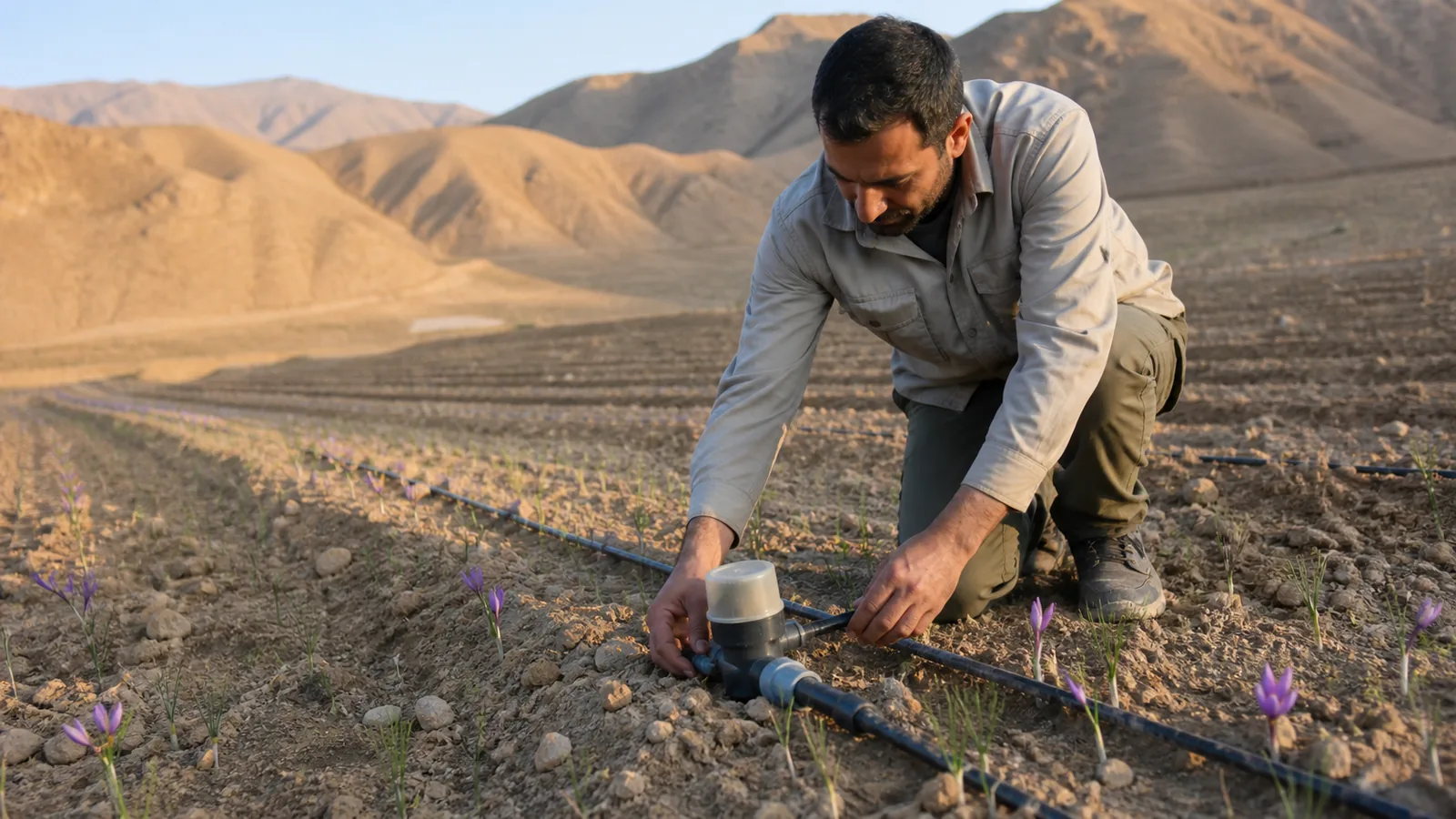Agronomist checking irrigation beside saffron rows in mountainous Rafsanjan