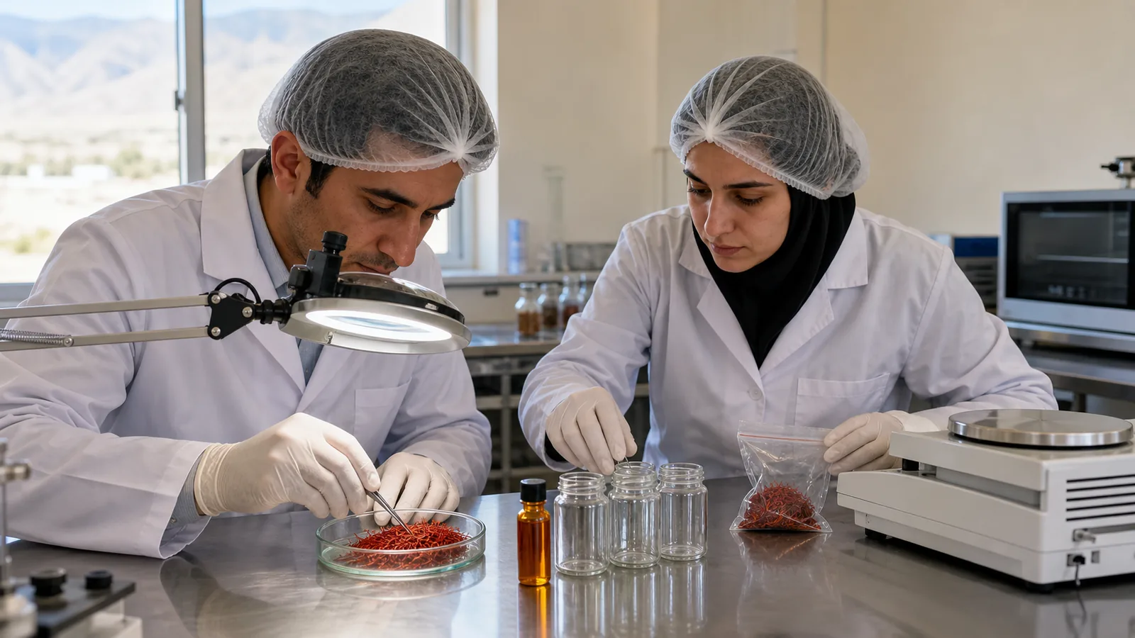 Food scientists developing traceable saffron products in a pilot laboratory