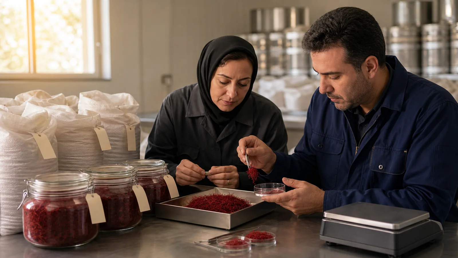 Quality inspectors checking saffron lots for a commodity exchange reference price