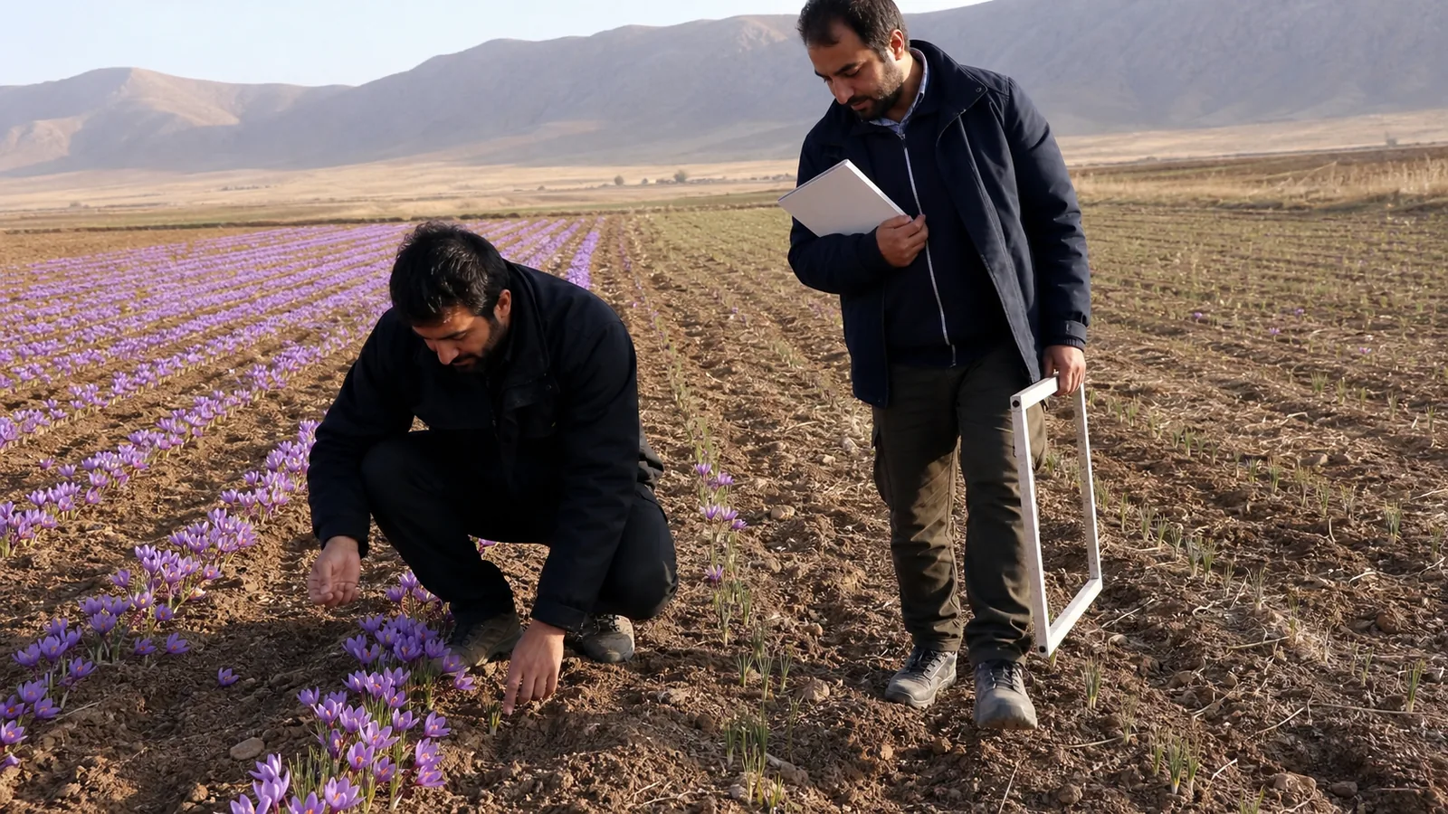 Agronomists assessing a young saffron field in Kermanshah