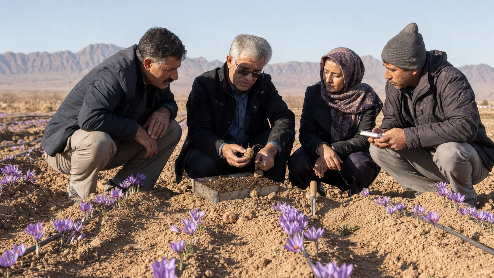 Growers receiving practical saffron training at a Golbaf research plot