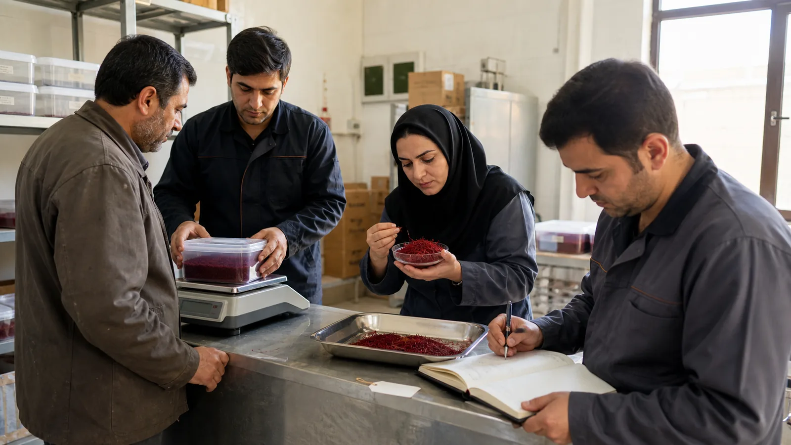 Cooperative staff recording graded saffron lots in Khorasan Razavi
