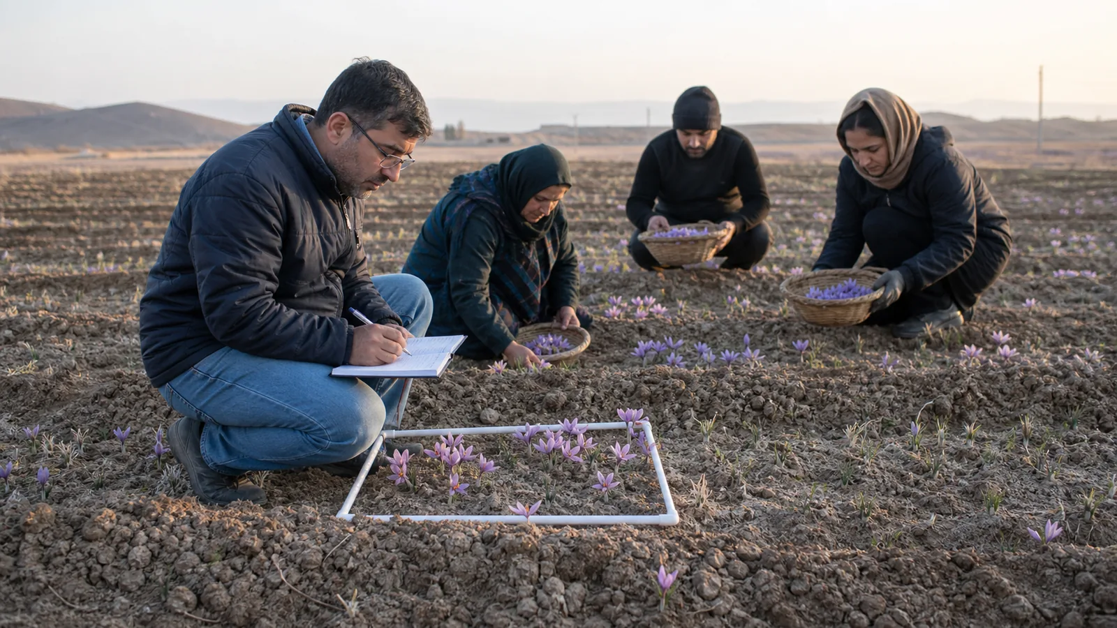 Agronomist and harvest workers assessing a sparse saffron field in Torbat Heydariyeh
