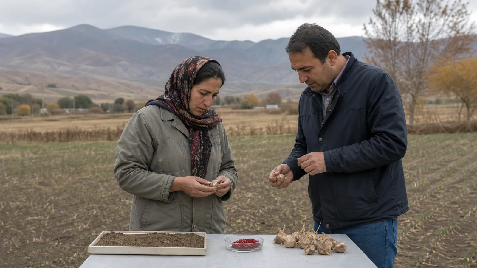 Ardabil grower and agronomist examining saffron corms and dried threads