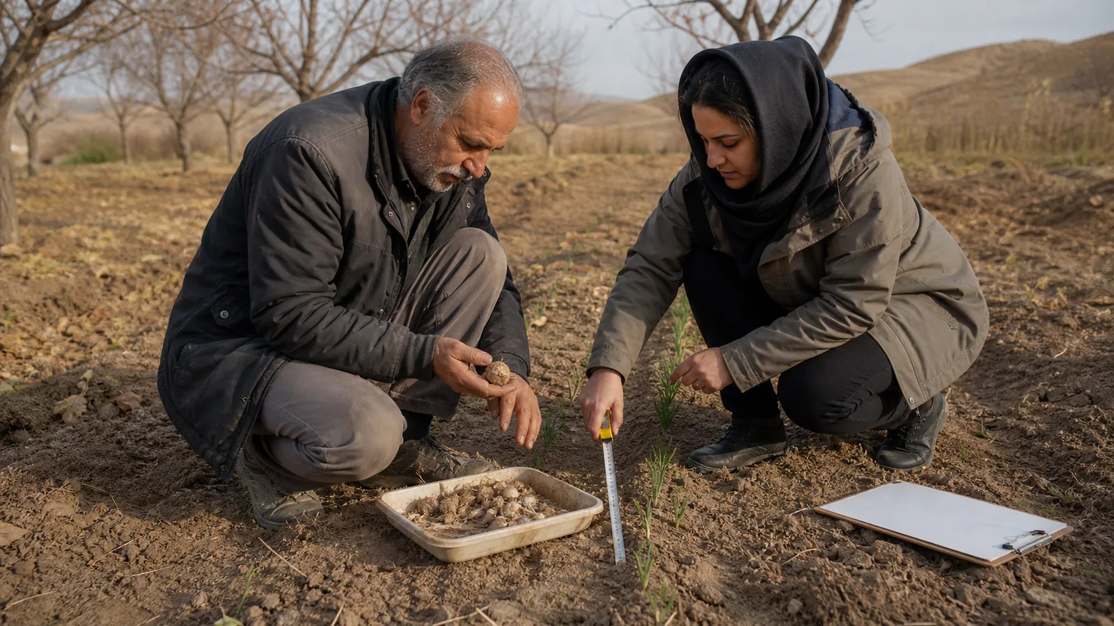 Khorramdareh grower and agronomist checking a small saffron trial plot