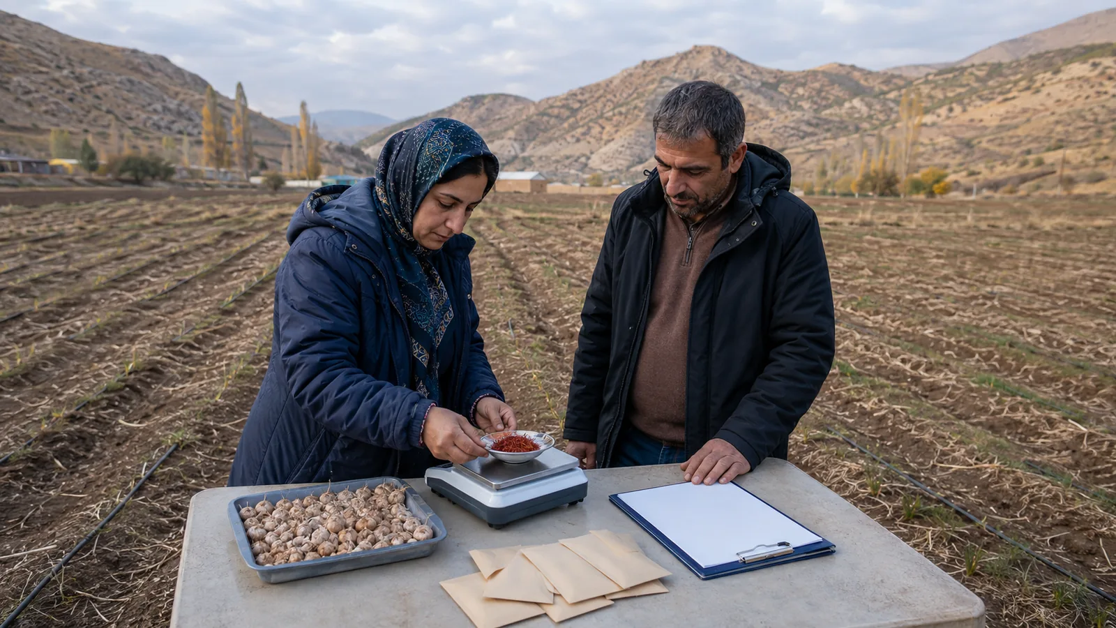 Lorestan agronomist and grower weighing dried saffron from a research plot