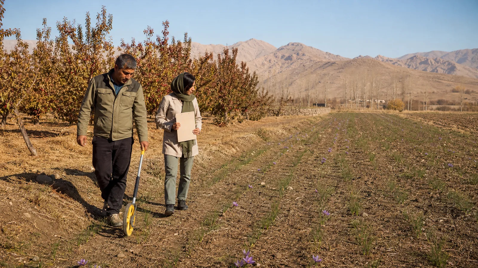 Natanz grower and agronomist measuring a saffron field beside an orchard
