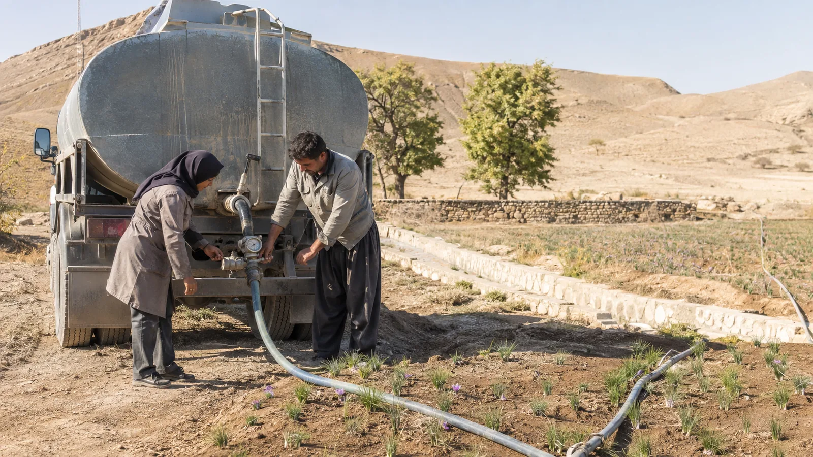 Water tanker delivering irrigation to drought-affected saffron fields in Sarayan