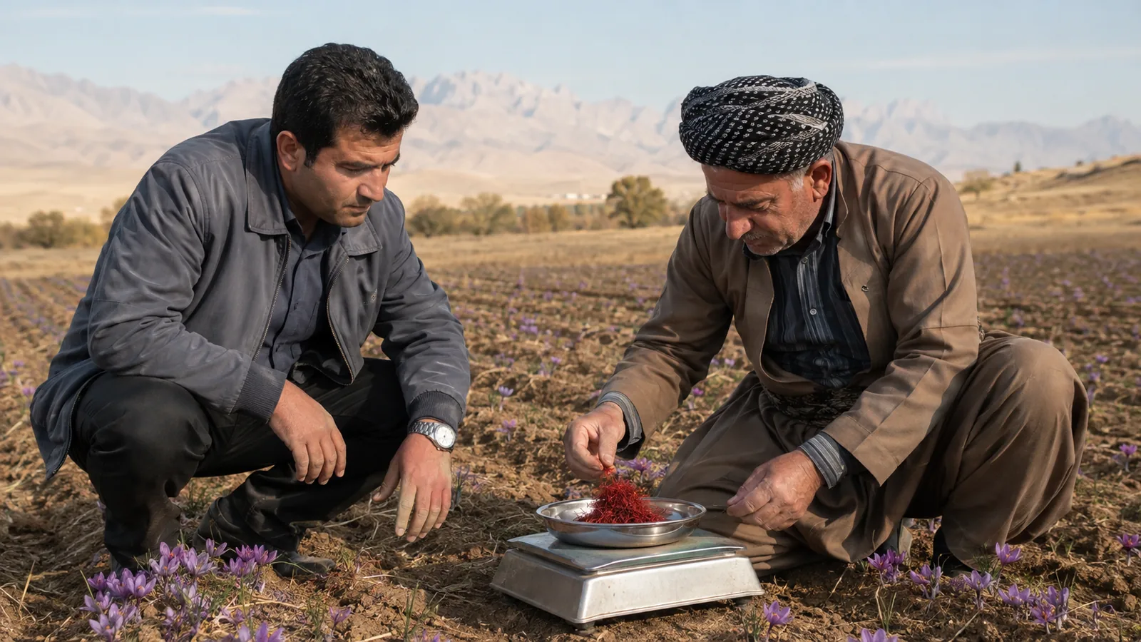 Kermanshah growers weighing saffron during the historical 300 kg production forecast