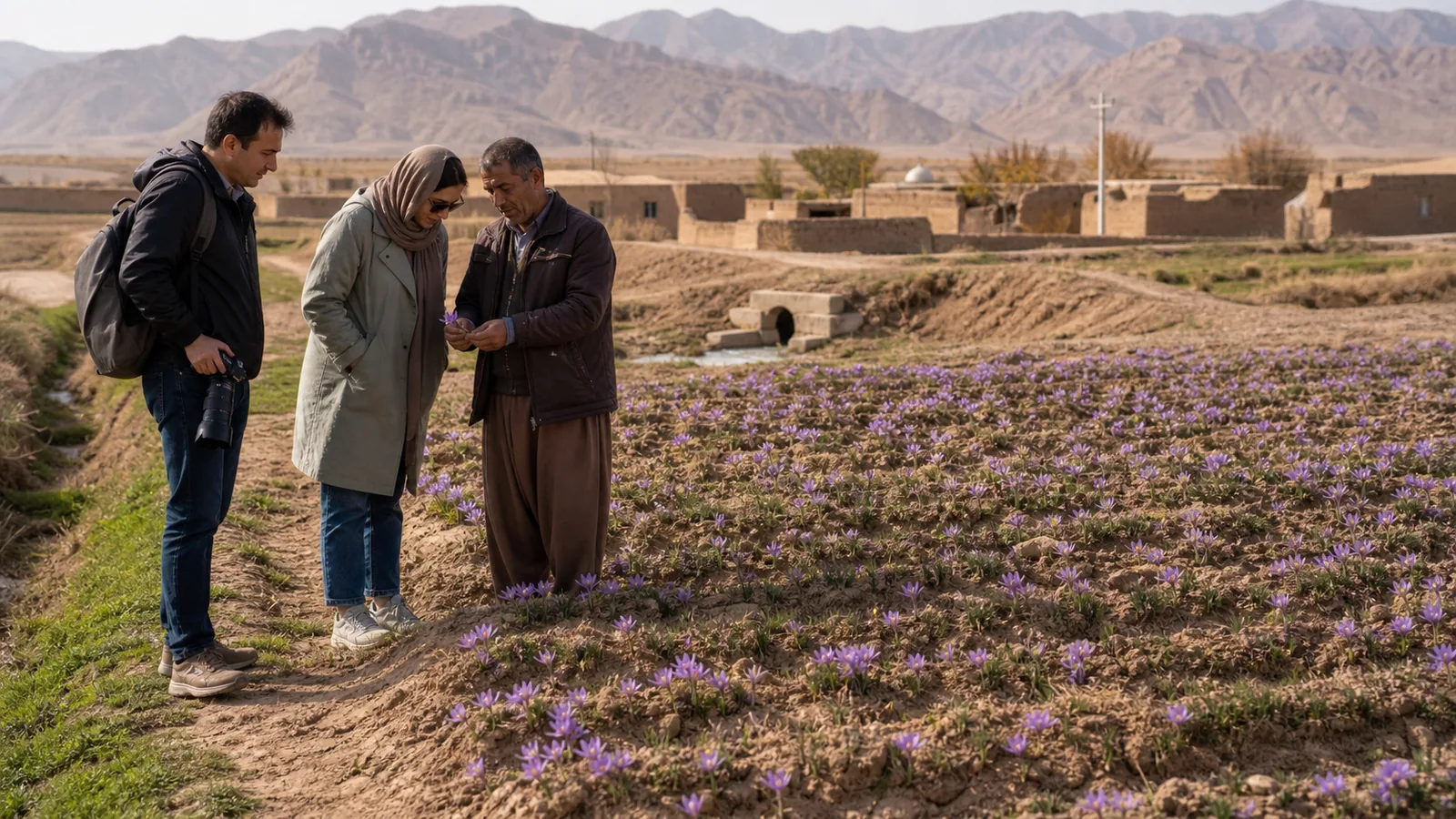 Visitors learning about saffron harvest from a grower in Gonabad