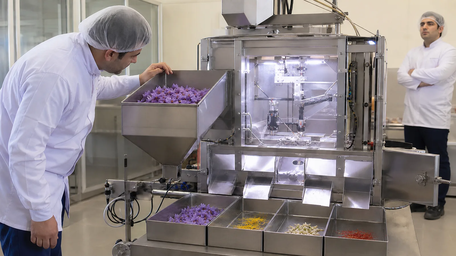 Engineer monitoring a machine-vision saffron flower separation prototype