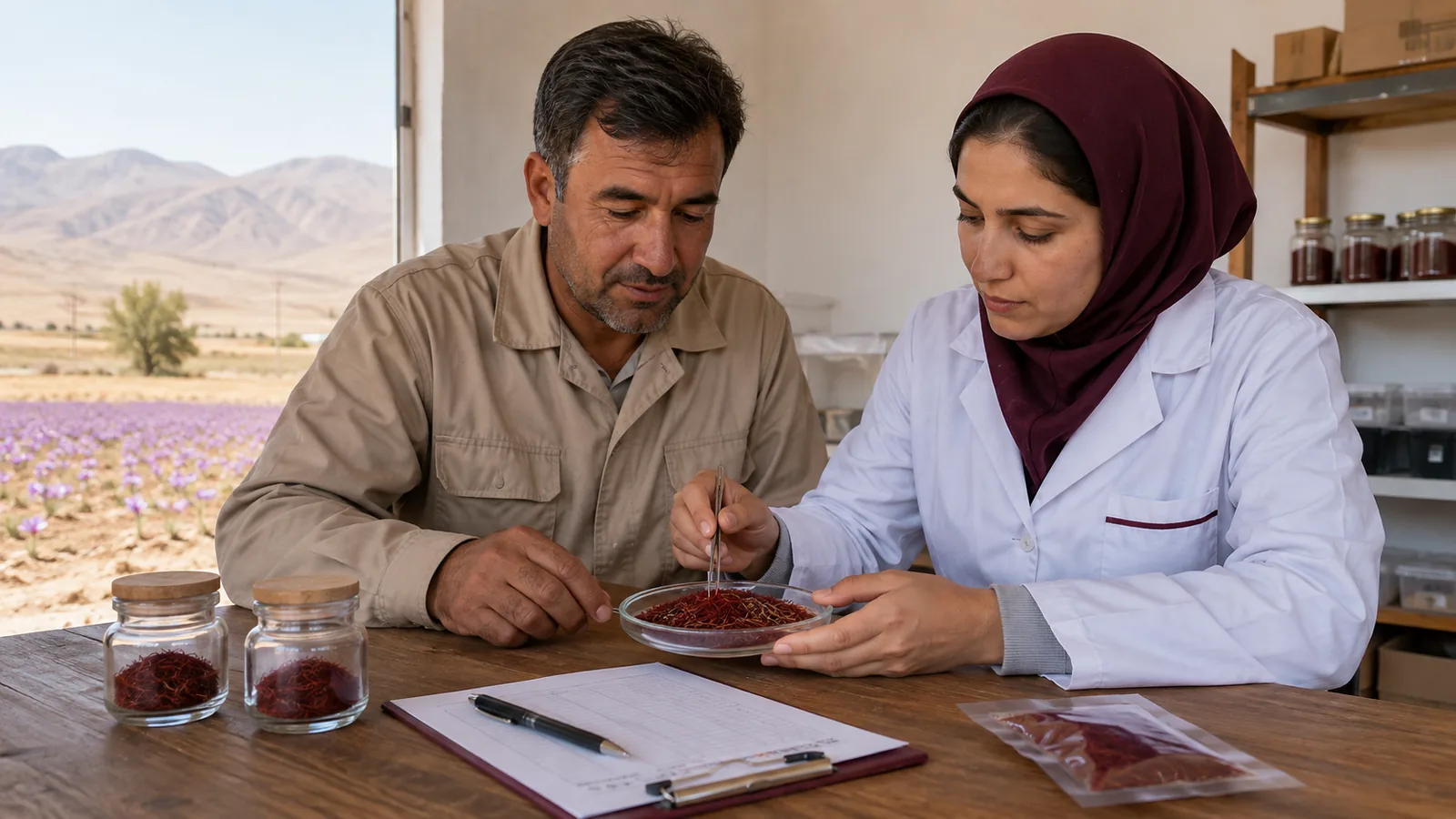 North Khorasan saffron grower and quality specialist inspecting a traceable saffron lot