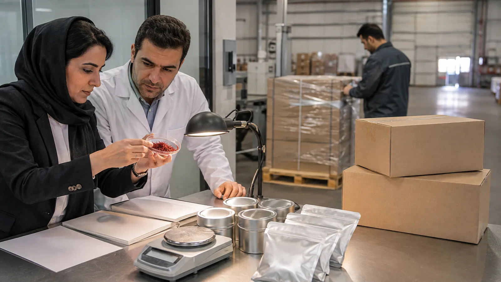 Iranian export team inspecting a traceable saffron shipment sample