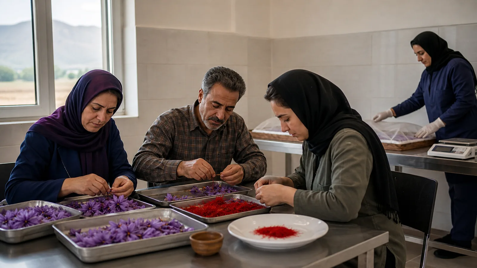 Rural Iranian household separating saffron in a clean cooperative workspace