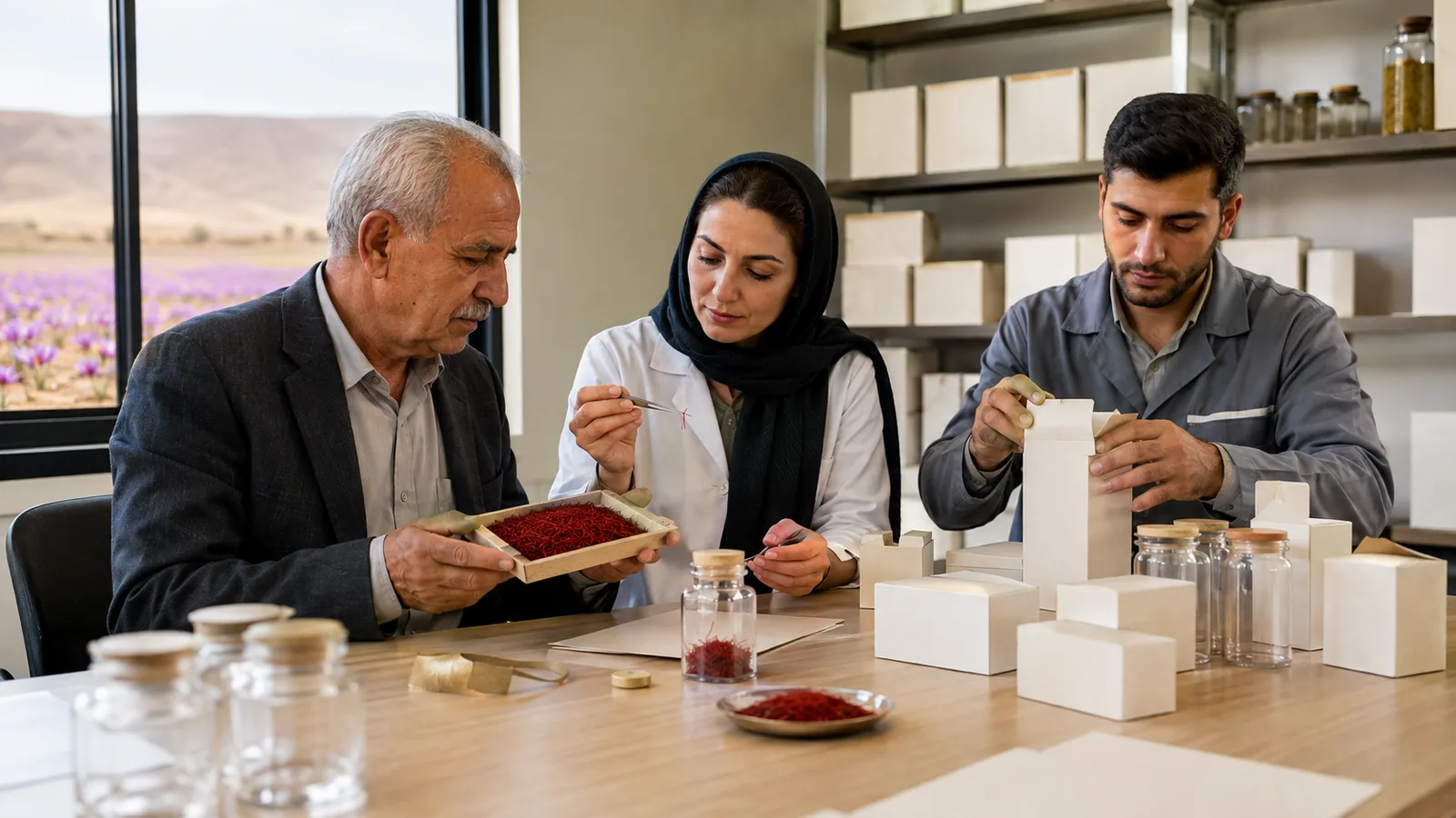 Iranian grower and quality team reviewing saffron and blank packaging