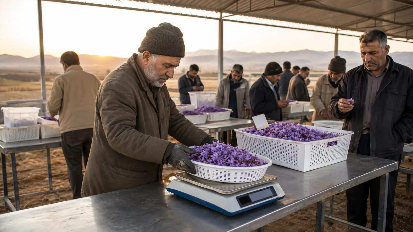 Growers weighing fresh saffron flowers at a market in Gonabad