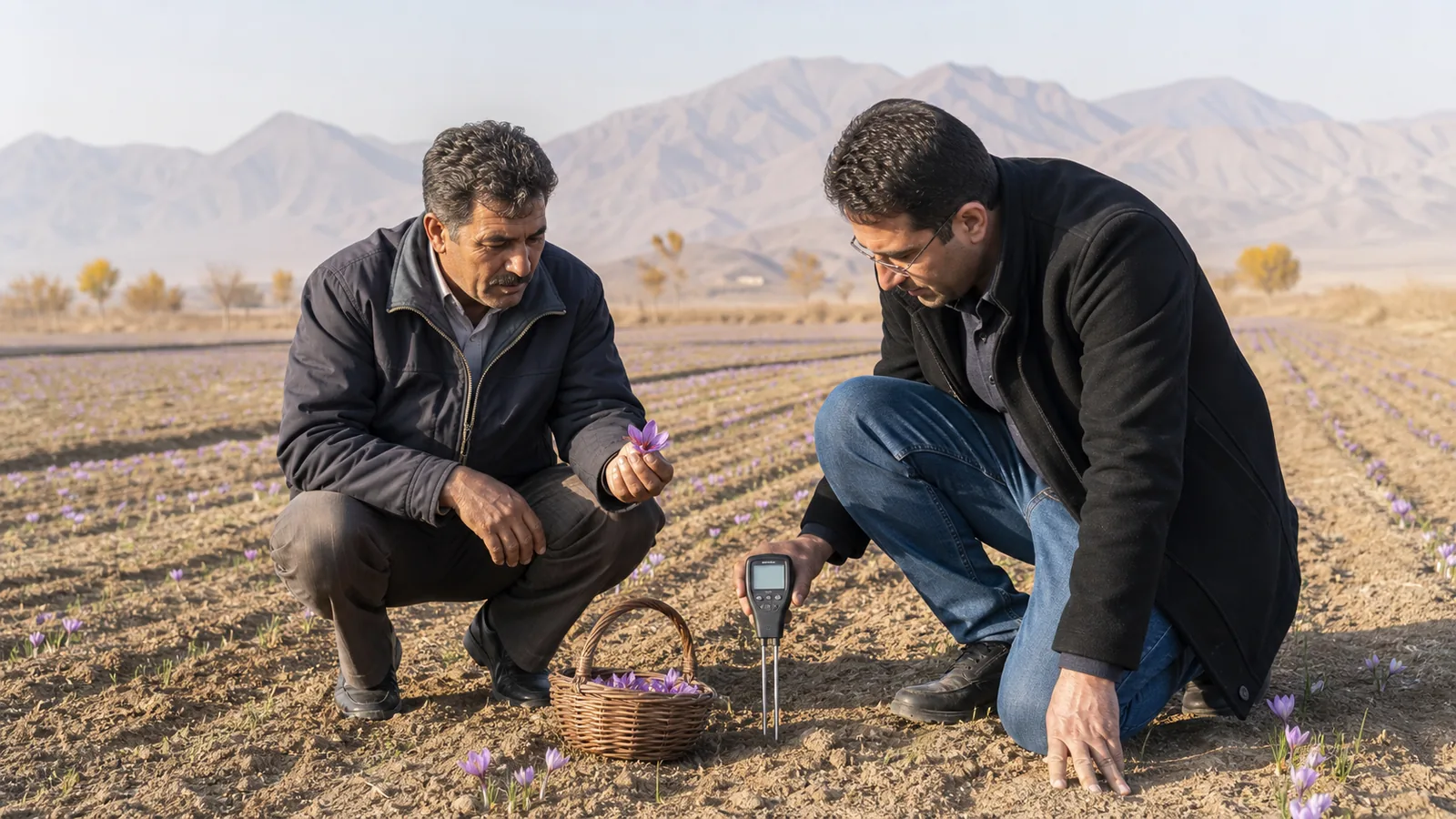 Farmer and agronomist assessing a saffron field in Sabzevar
