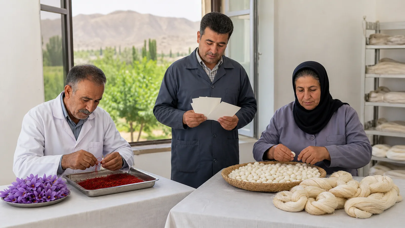 Workers inspecting saffron and silk products in Torbat-e Heydarieh