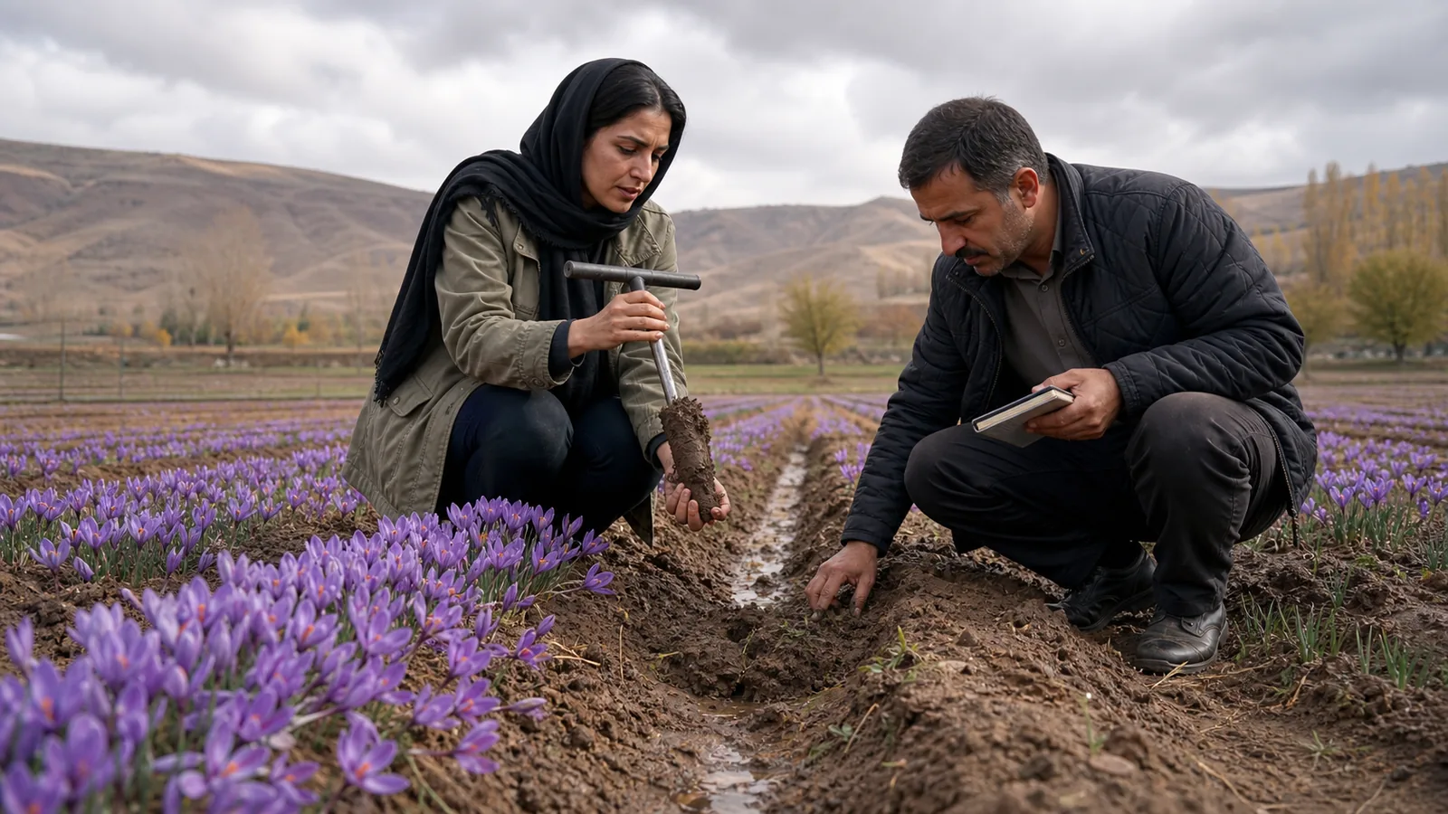 Agronomist and grower checking moist soil in a saffron field