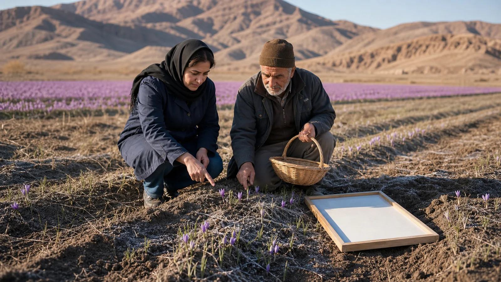 Grower and field adviser inspecting weather-damaged saffron in Gonabad