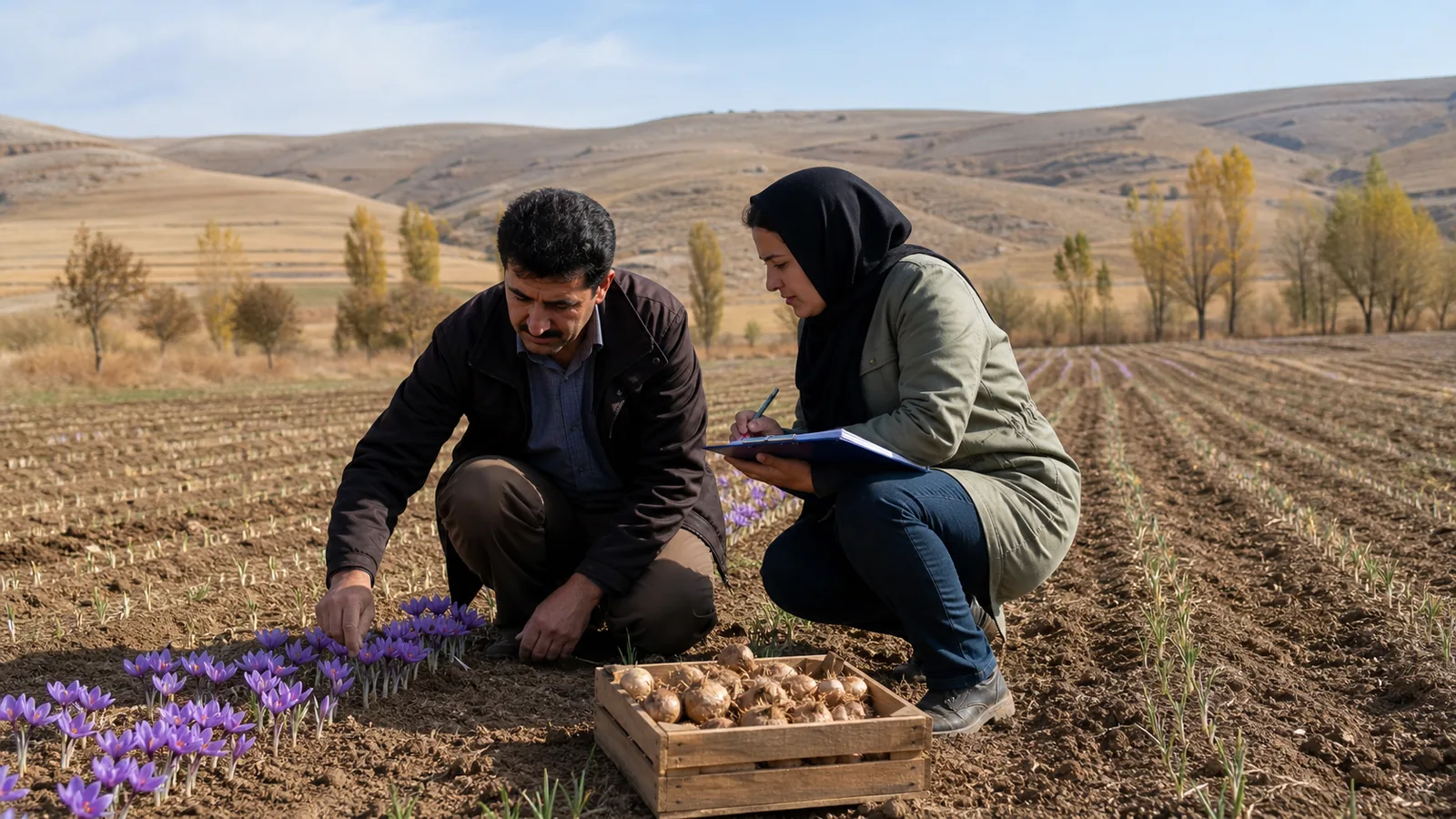Grower and agricultural adviser inspecting new saffron fields in Kermanshah