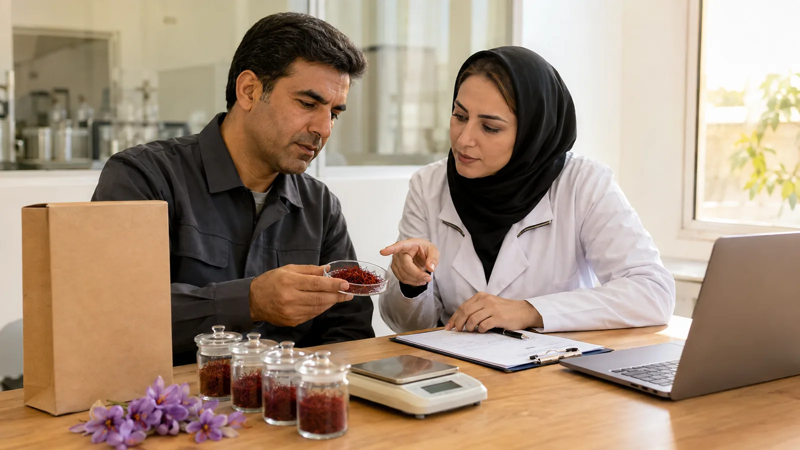 Producer and quality specialist reviewing Iranian saffron origin records