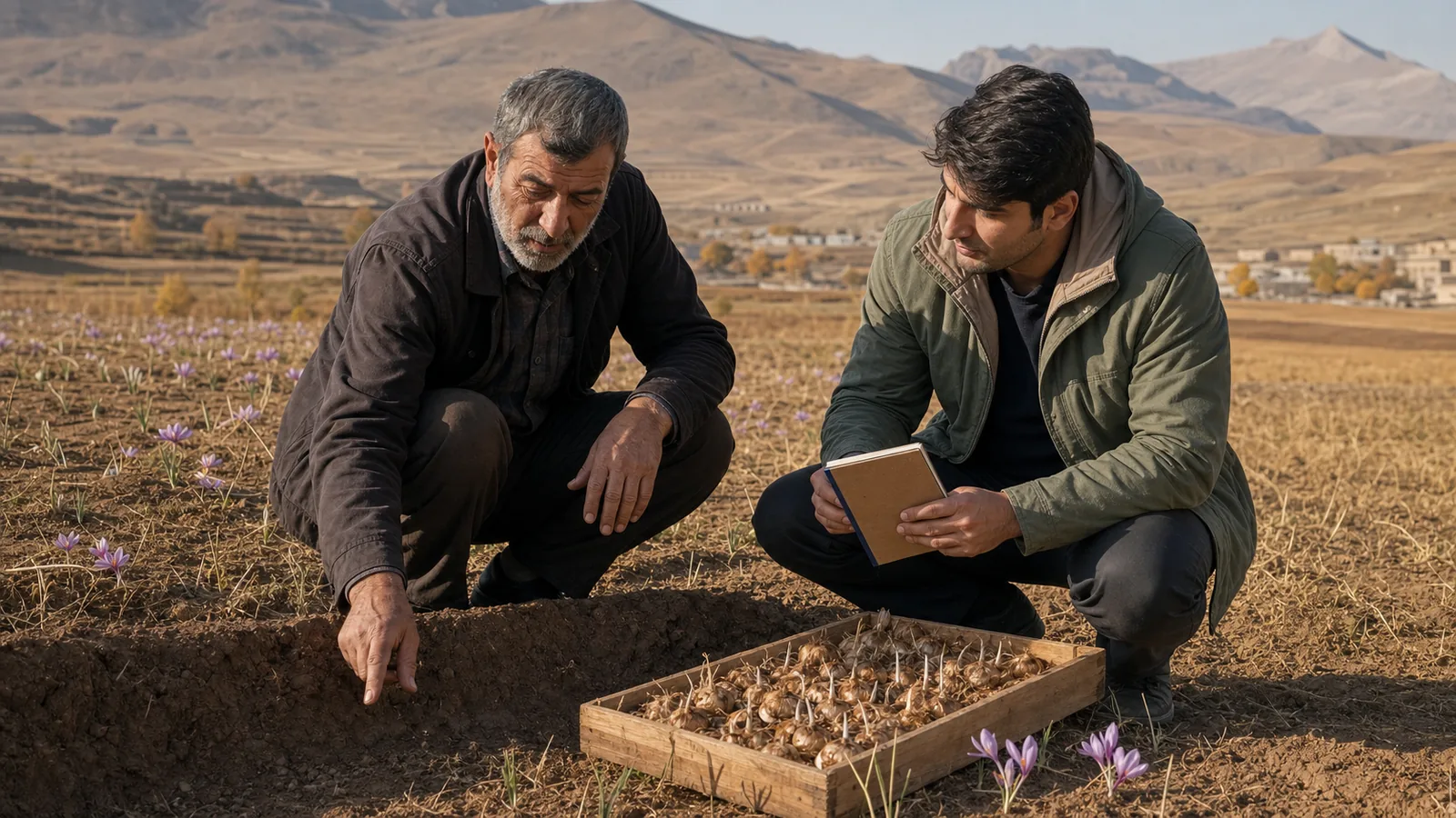 Grower and agronomist examining saffron corms in a Hamedan field