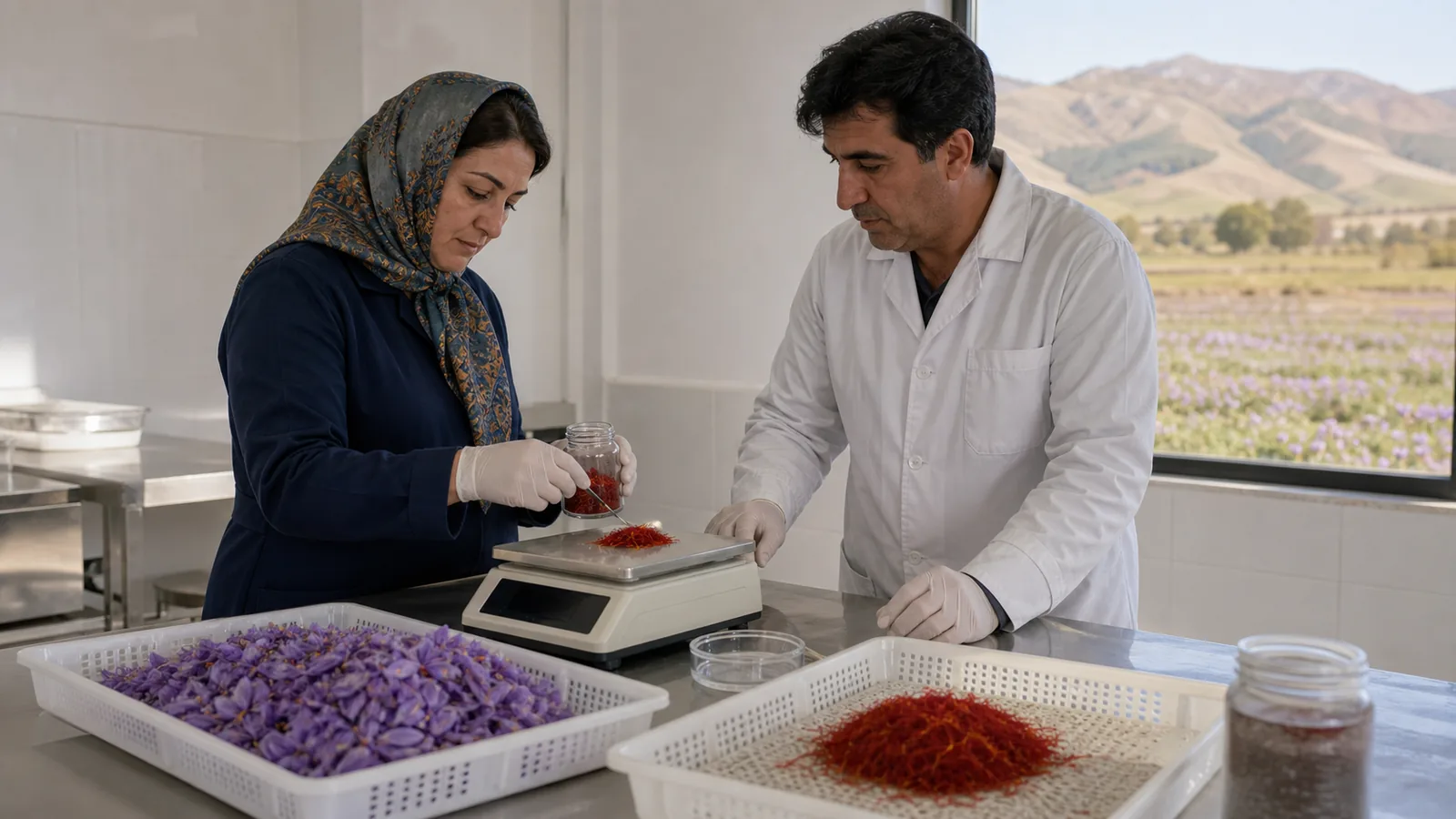 Lorestan grower and technician weighing dried saffron after harvest