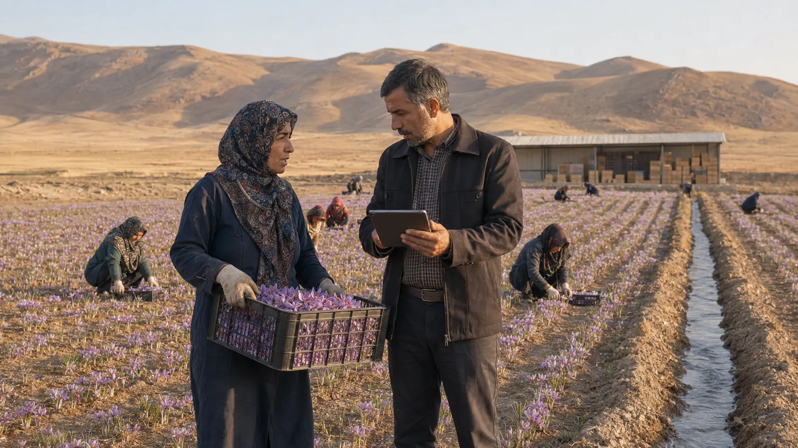Khorasan grower and adviser reviewing a saffron harvest beside irrigation rows