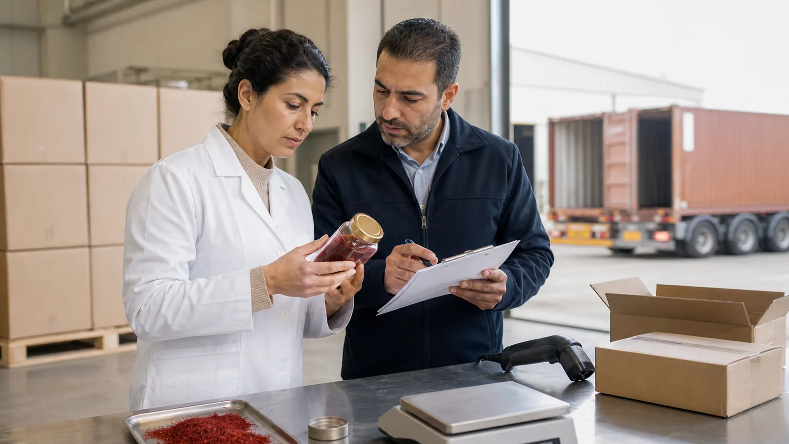 Quality and logistics specialists checking saffron for export
