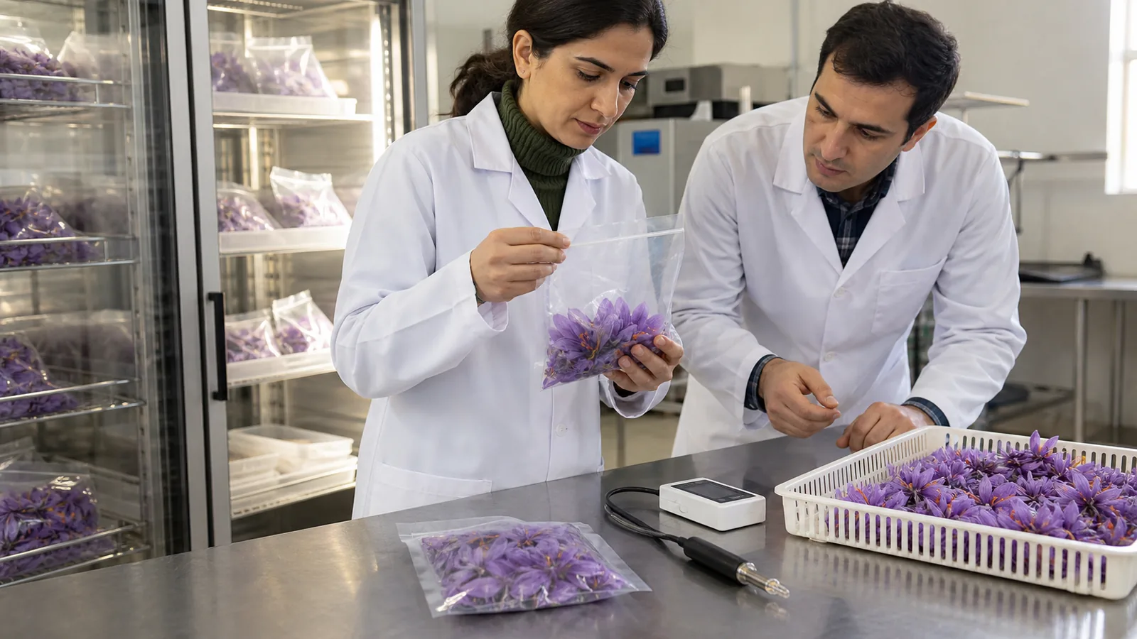 Researchers checking packaged saffron flowers in controlled cold storage
