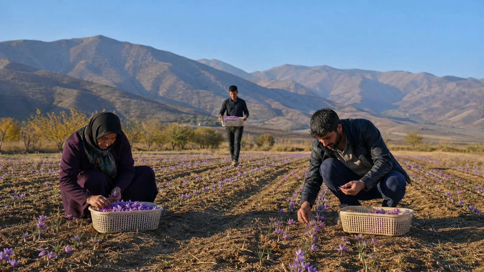 Farmers harvesting saffron in the mountains of Chaharmahal and Bakhtiari