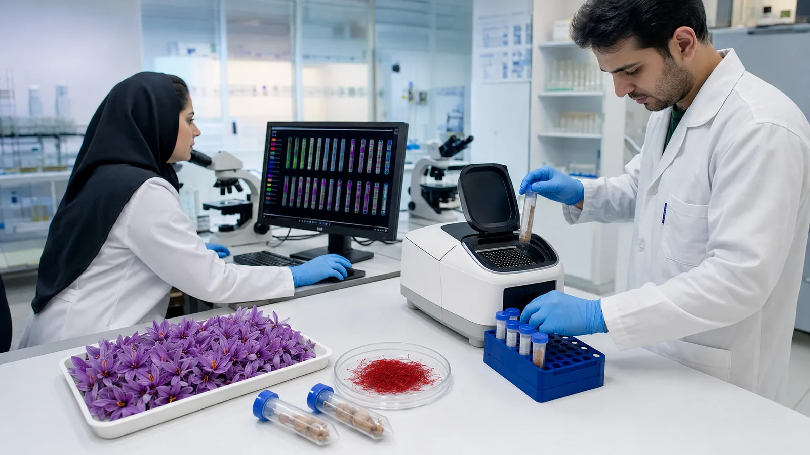 Researchers examining saffron samples in a plant genomics laboratory