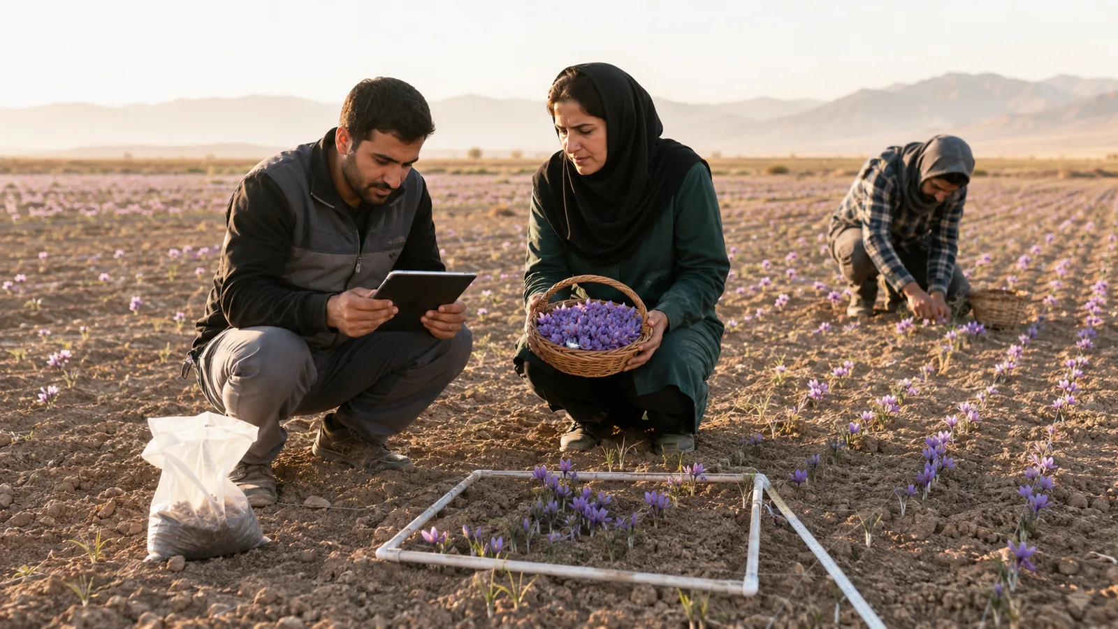 Agronomist and farmer assessing saffron yield in a Sabzevar field