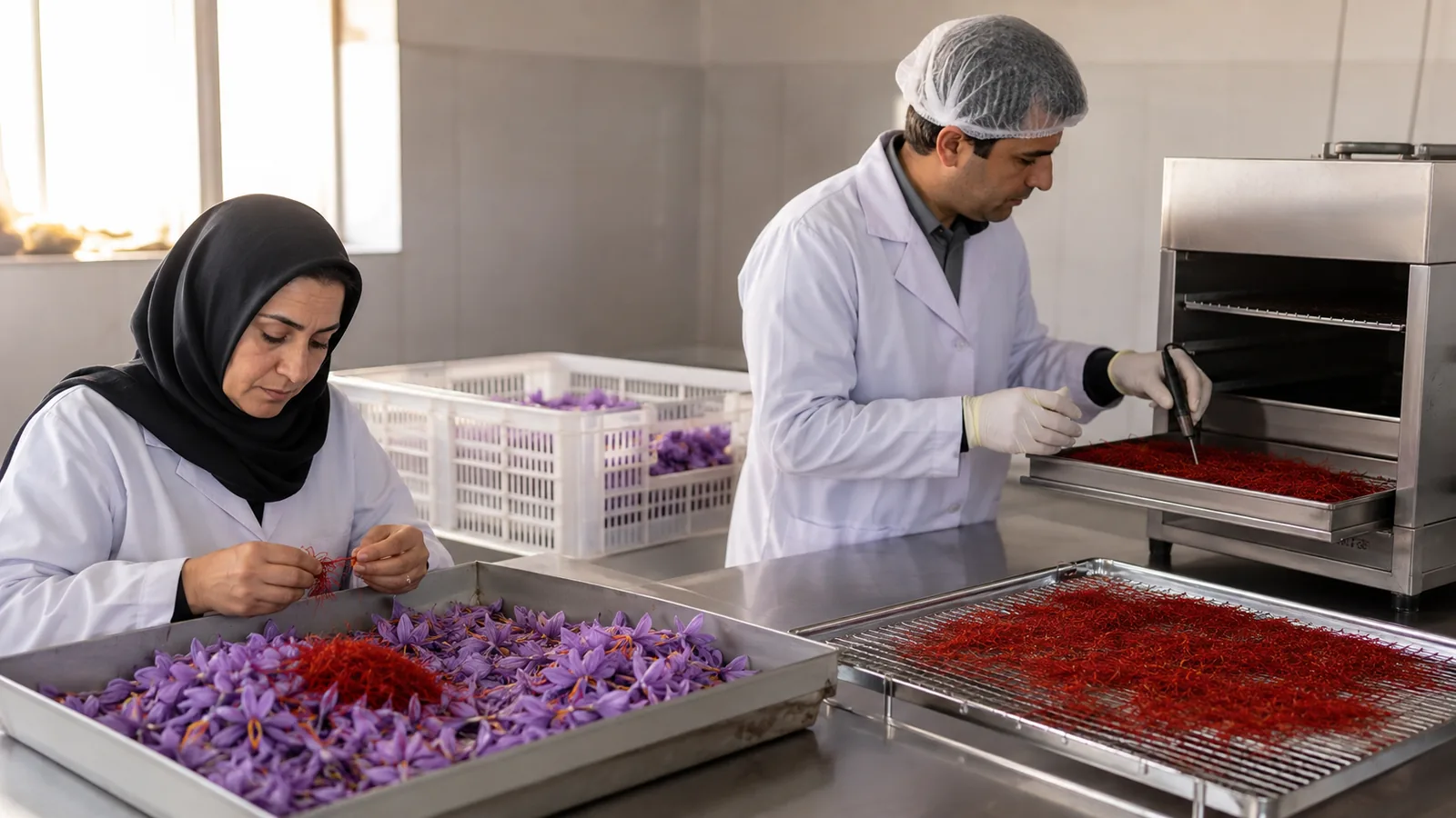 Workers separating and drying saffron in a clean processing room
