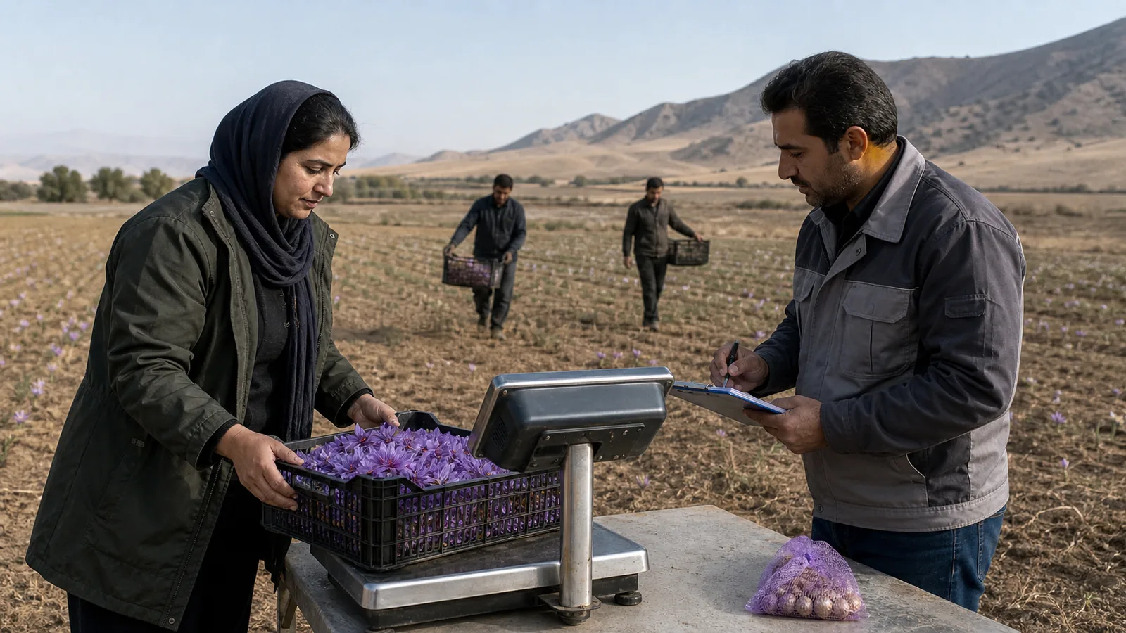 Farm supervisor and technician weighing saffron flowers in Semnan